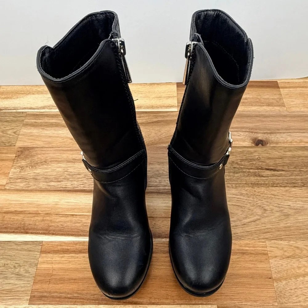 Michael Kors Kids Black MK Logo Tall Boots Side Zip Buckle Detail Size 8